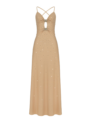 Бежевое платье-макси с фигурным вырезом и стразами, 1