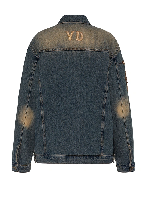 Синяя джинсовая куртка с разводами и вышивкой бисером, 2