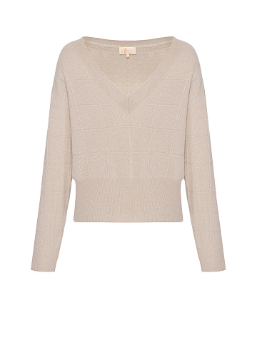 Бежевый пуловер из кашемира с V-вырезом, 1