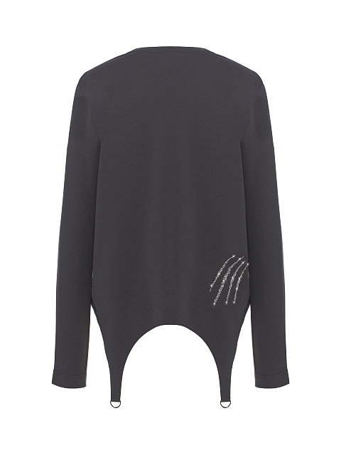 Темно-серый хлопковый лонгслив с фигурным низом и серебристыми стразами, 2