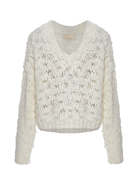 Белый укороченный пуловер из кашемира и шелка с жемчугом, 1