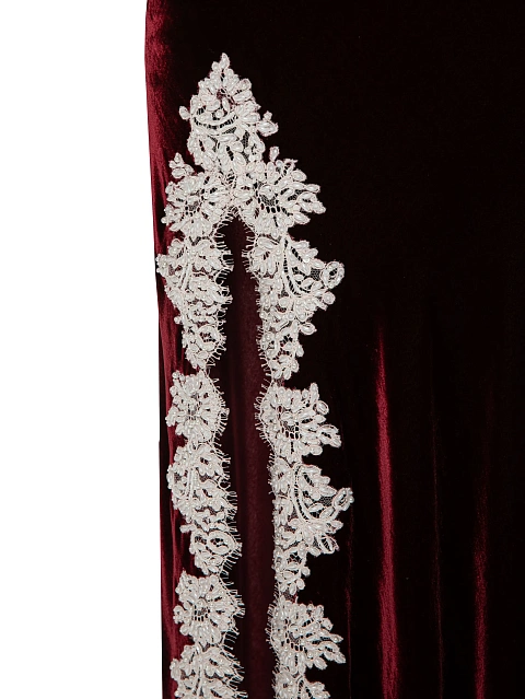 Бордовое платье-миди из бархата с белым кружевом, 3