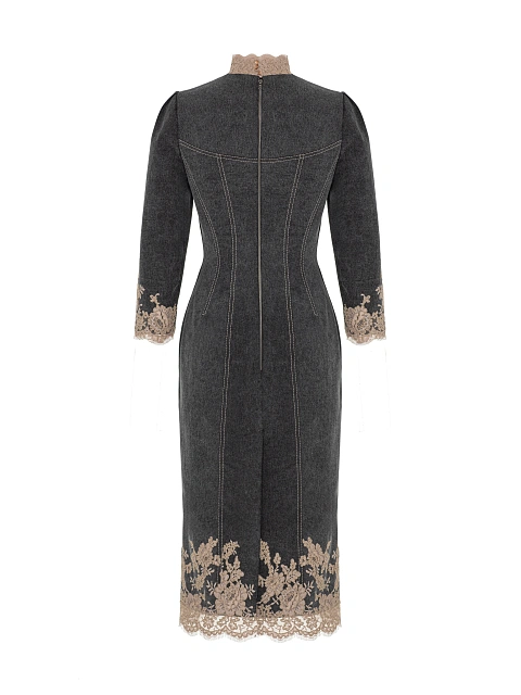 Платье-миди из серого денима с кружевом, 3
