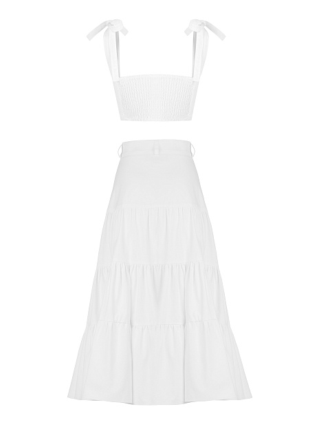 Белый костюм из джинсовой ткани с юбкой-миди, 2