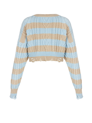 Укороченный хлопковый свитер в бежево-голубую полоску, 2