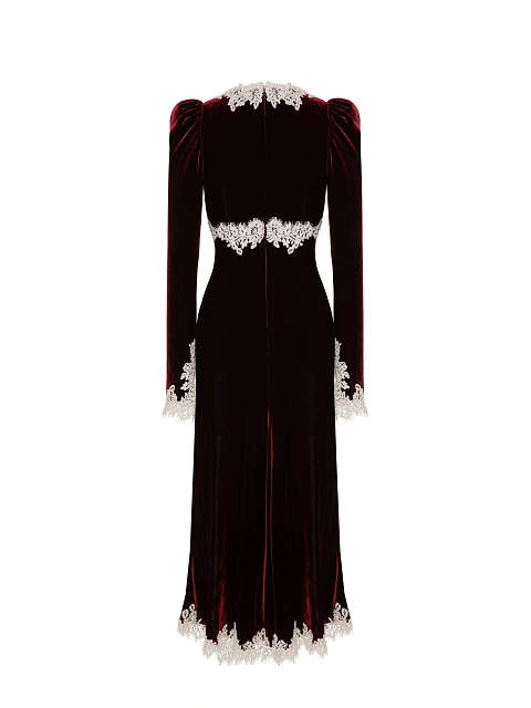 Бордовое платье-миди из бархата с белым кружевом, 2