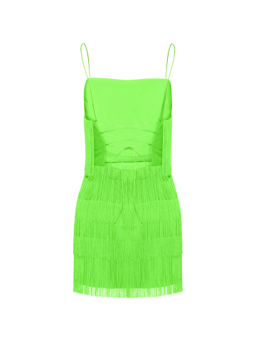 Неоново-зеленое платье-мини с бахромой, 2