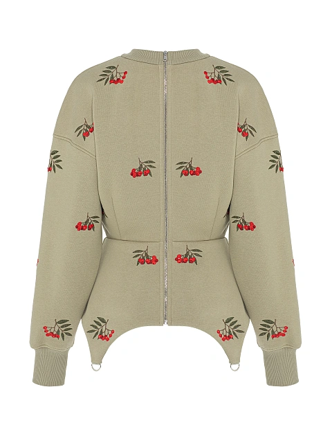 Толстовка цвета хаки с баской и вышивкой в виде рябины, 2 Толстовка цвета хаки с баской и вышивкой в виде рябины, 2