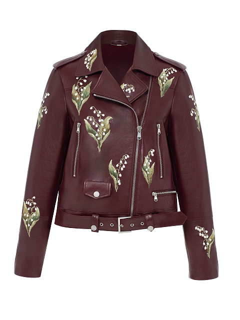 Бордовая косуха из кожи с вышивкой в виде ландышей, 1