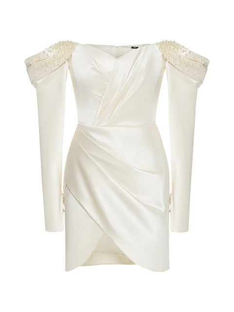 Белое платье-мини из шелка с открытыми плечами и вышивкой, 1