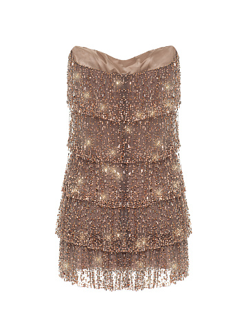 Бежевое платье-мини с воланами и стразами, 2
