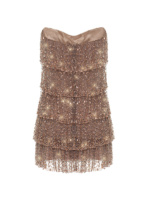 Бежевое платье-мини с воланами и стразами, 2 Бежевое платье-мини с воланами и стразами, 2