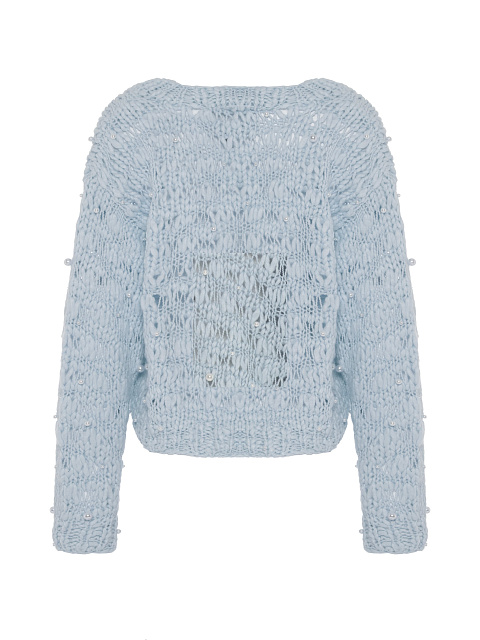 Голубой укороченный пуловер из кашемира и шелка с вышивкой жемчугом, 2 Голубой укороченный пуловер из кашемира и шелка с вышивкой жемчугом, 2