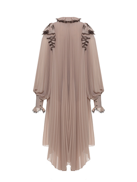 Бежевое платье-миди из гофрированного шифона, 2