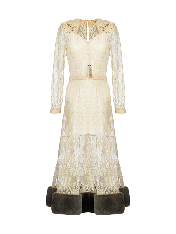 Двухслойное кружевное платье-миди молочного цвета, 1