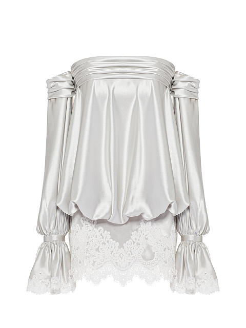 Серое платье-мини из шелка с кружевом, 1