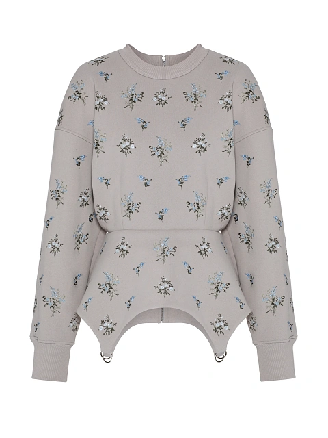 Светло-серая толстовка с баской и цветочной вышивкой, 1