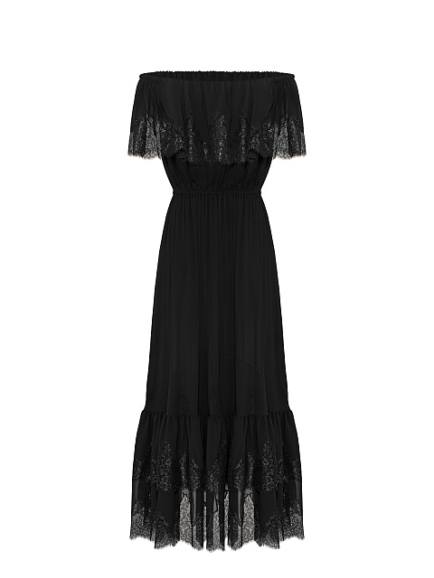 Черное платье-миди из шифона с кружевом, 2