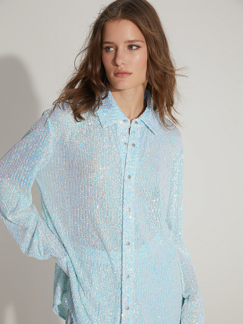 Голубой костюм из рубашки и брюк в пайетках, 6