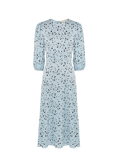 Голубое платье-миди с рукавами-фонариками и принтом, 1