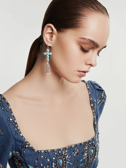 Серьги-кисти из белого золота с бриллиантами и крестами из бирюзы, 3 Серьги-кисти из белого золота с бриллиантами и крестами из бирюзы, 3