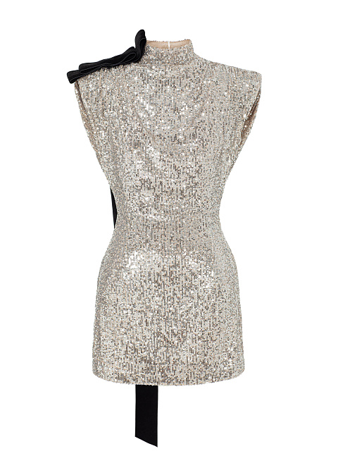 Серебристое платье-мини в пайетках с бархатным бантом, 1