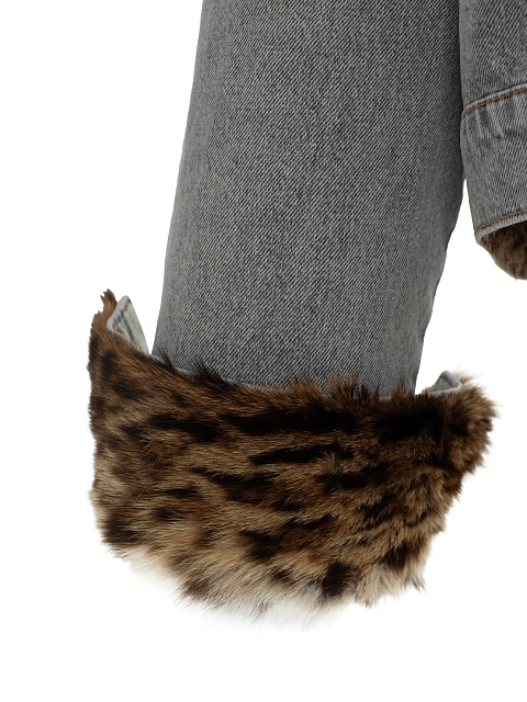 Серая джинсовая куртка с подкладом из меха дикой кошки, 4