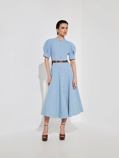 Голубое платье-миди из денима с рукавами-фонариками, 5 Голубое платье-миди из денима с рукавами-фонариками, 5