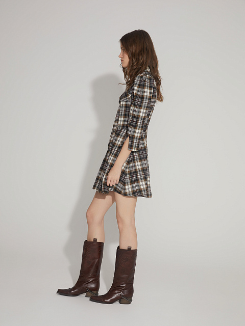 Коричнево-серое шерстяное платье-мини в клетку, 6