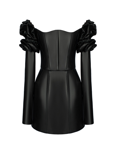 Черное платье-мини из кожи с буфами, 1