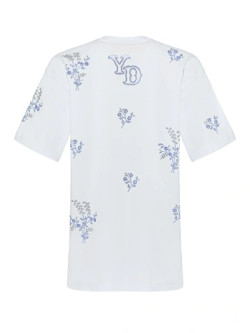 Белая хлопковая футболка с голубыми цветами из страз, 2