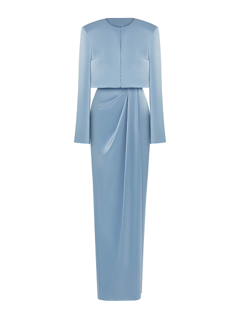 Голубой шелковый костюм из жакета и юбки-макси, 1