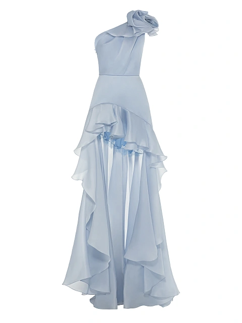 Асимметричное голубое платье-макси из органзы, 1