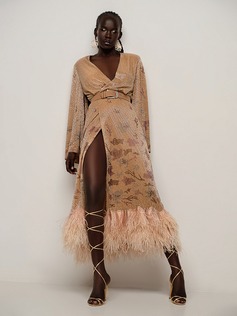 Бежевое платье-миди из бисера и перьев, 6 Бежевое платье-миди из бисера и перьев, 6