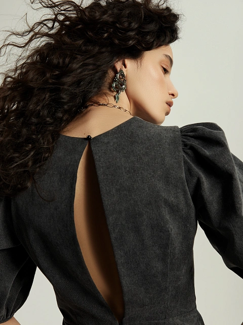 Темно-серое платье-мини из денима с кружевом, 6