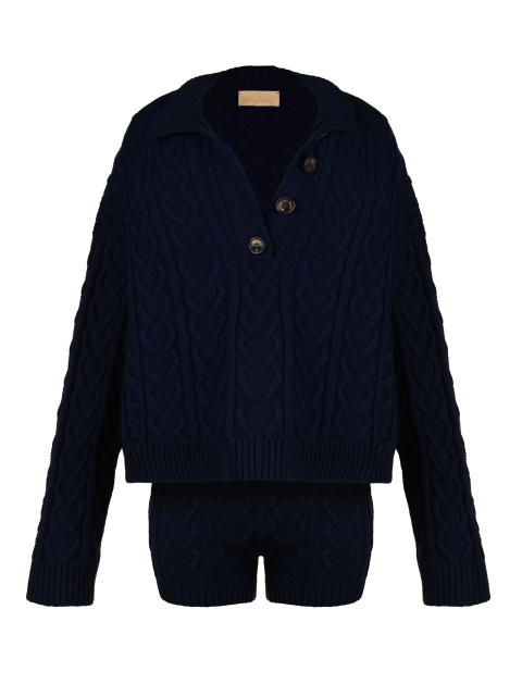 Темно-синий вязаный комплект из пуловера и шорт, 1