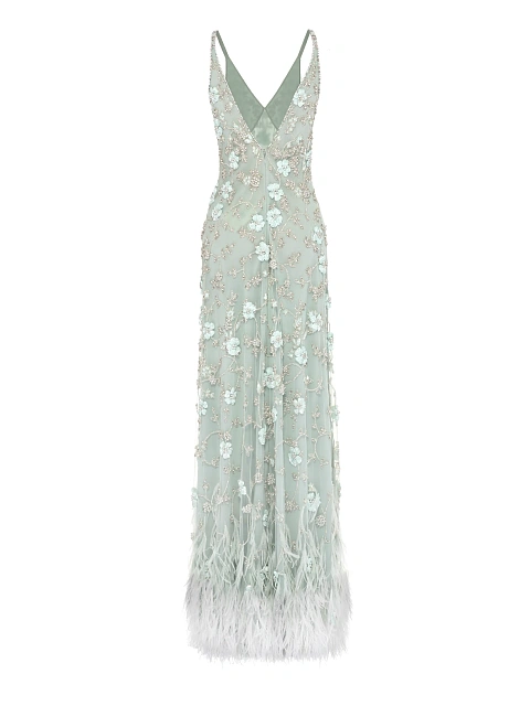 Зеленое платье-макси из шифона с вышивкой и перьями, 2