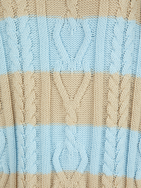 Хлопковый свитер с косами в бежево-голубую полоску, 3