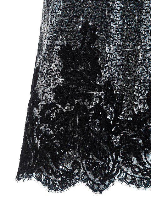 Серебристое платье-миди в пайетках с отделкой из кружева и меха норки, 4