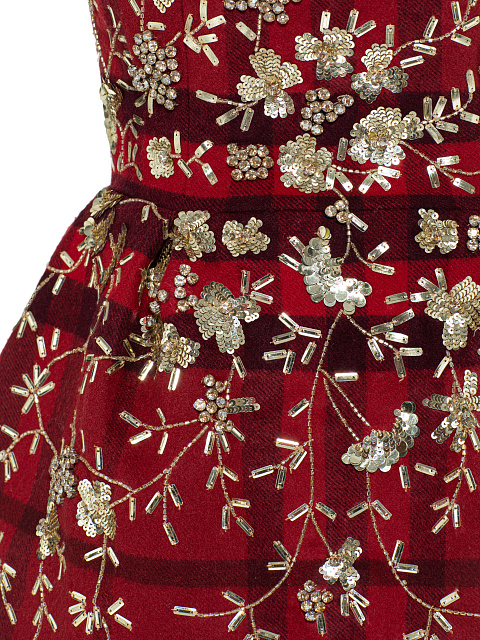 Красное платье-мини из шерсти в клетку с вышивкой, 3