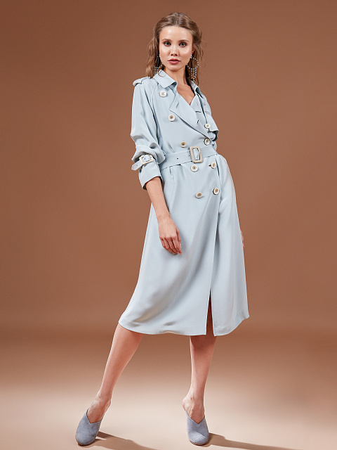 Голубой двубортный тренч из шелка с вышивкой в виде пчел, 5 Голубой двубортный тренч из шелка с вышивкой в виде пчел, 5