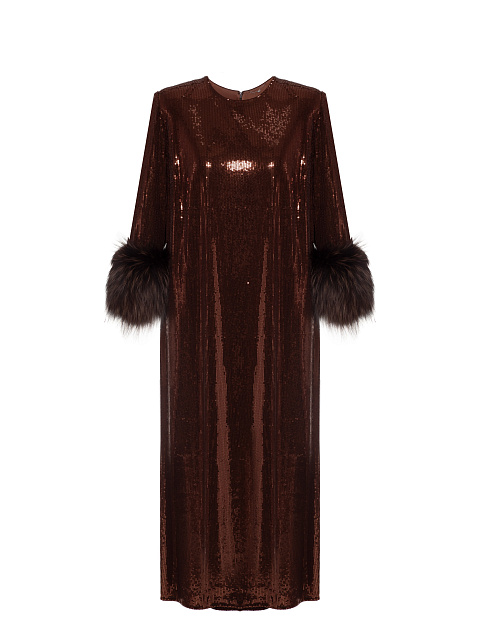 Коричневое платье-миди с пайетками и меховыми манжетами, 1