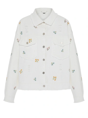 Белая джинсовая куртка с цветочной вышивкой и стразами, 1