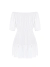 Платье-мини из белой вискозы, открытые плечи, пышный рукав 3/4, юбка с воланом