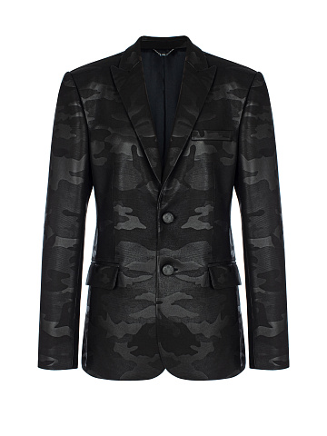 Черный жакет из кожи с камуфляжным принтом, 1