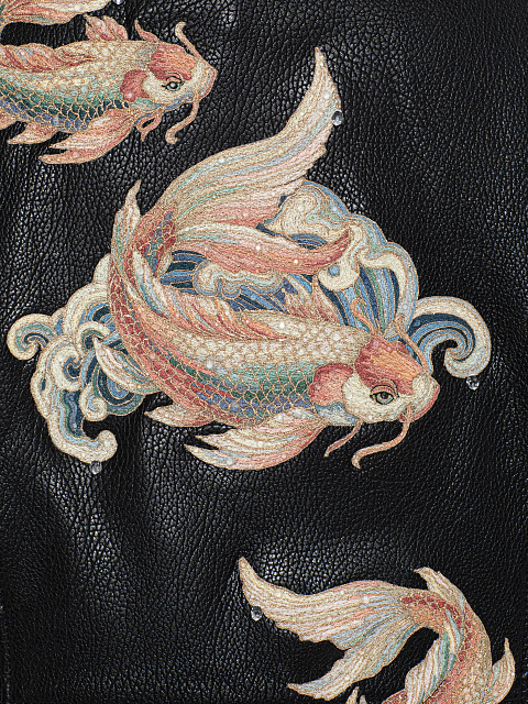 Черная кожаная куртка-косуха с вышивкой, 4