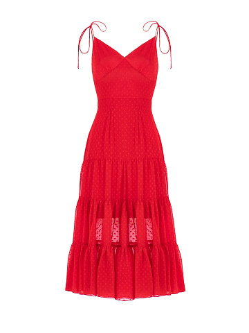 Красный сарафан из шифона в горошек, 1