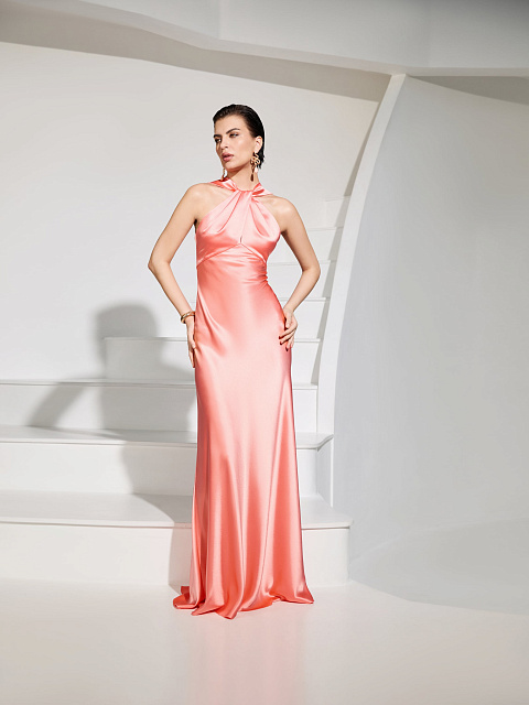 Коралловое шелковое платье-макси с драпировкой, 3 Коралловое шелковое платье-макси с драпировкой, 3