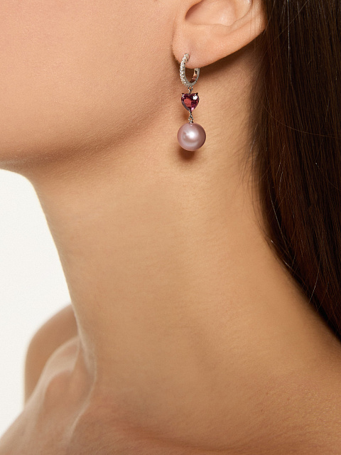 Серьги из белого золота с турмалином в огранке «сердце» и лавандовым жемчугом, 2