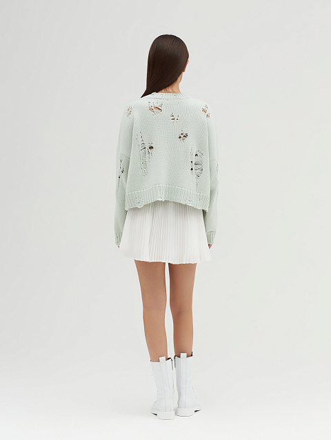 Мятный укороченный свитер из хлопка с дырками, 7